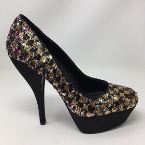 Nine West Heels Shoes Black Pink Satin Sequins 7.5